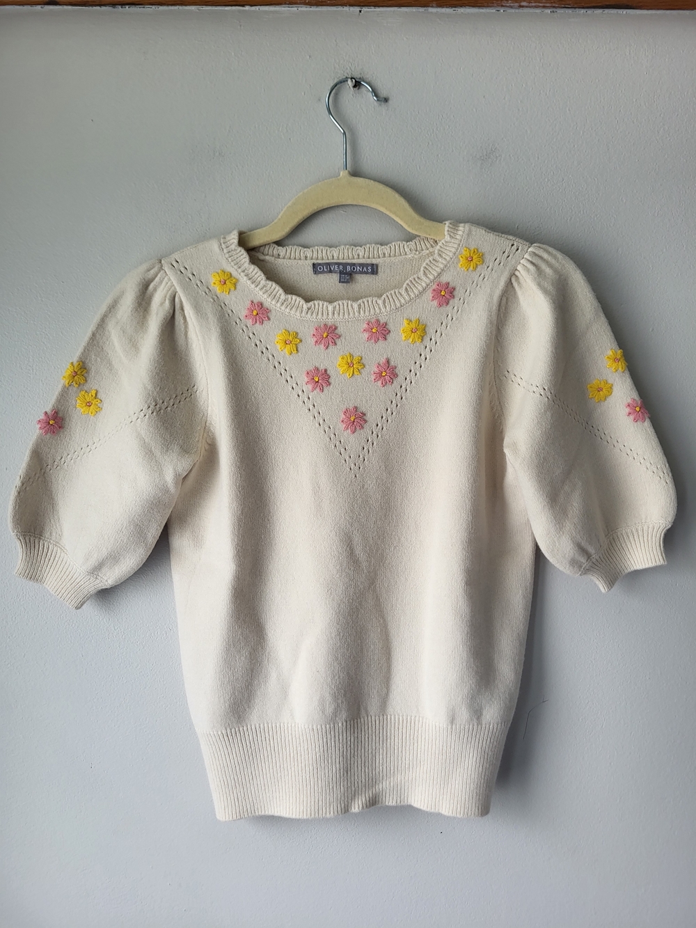 Oliver Bonas Cream Floral Embroidered Countryside Chic Puff Sleeve Sweater